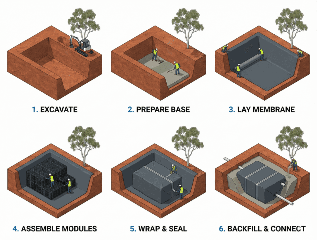 Six step installation process for geocellular OSD tank in Australia