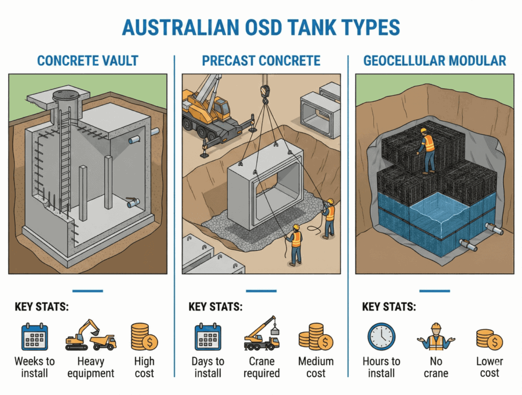 Comparison of three OSD tank types showing concrete vault geocellular and precast options