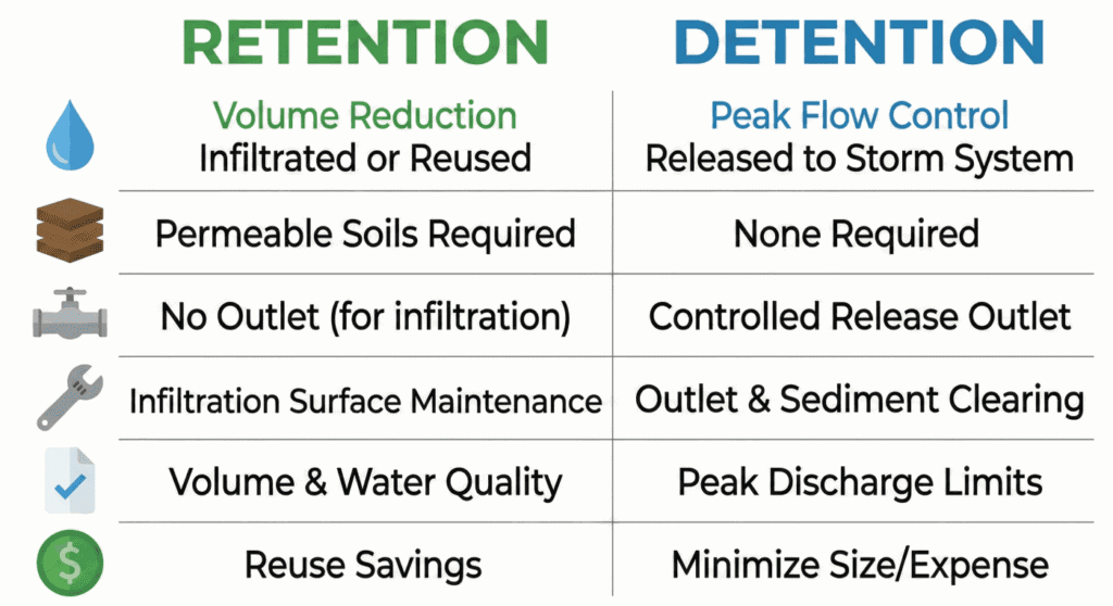 Infographic comparing retention vs detention by function and soil needs