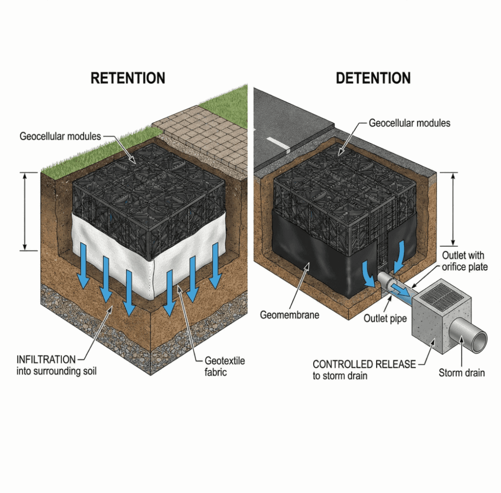 Diagram comparing retention and detention stormwater systems