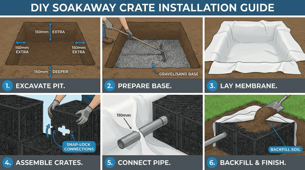Step-by-step installation guide for soakaway crates from excavation to backfill completion