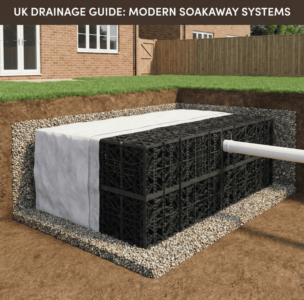 Complete guide to soakaway crates for UK drainage projects showing modular system