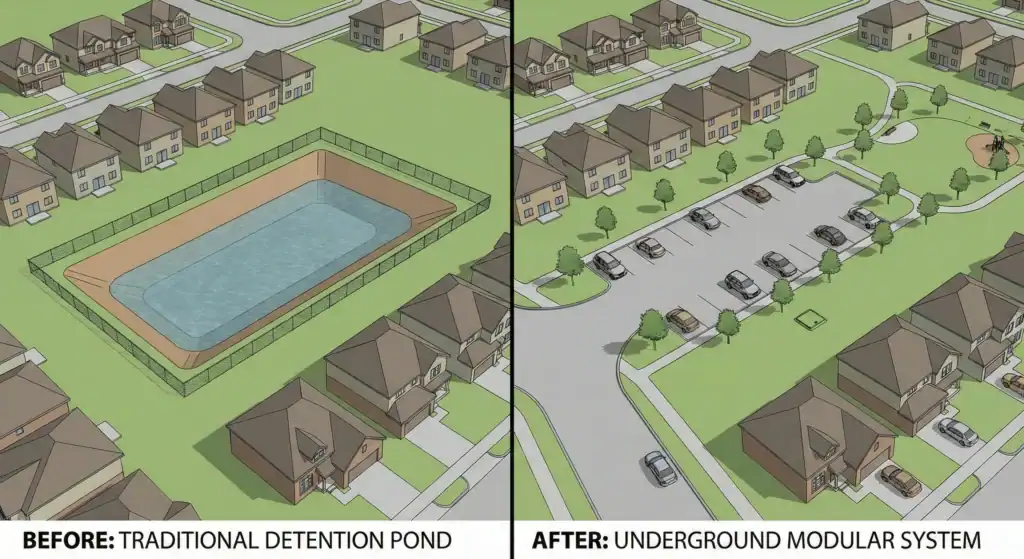 Split aerial view comparing land use efficiency at California residential development: left side shows traditional surface detention pond consuming valuable lot space with fencing and unusable area, right side shows same property with underground modular stormwater system where surface is converted to revenue-generating parking spaces with cars, green landscaping, and maximized buildable area. Demonstrates how subsurface detention recovers twice the surface footprint compared to traditional ponds. Based on Murrieta, California 30,000-gallon project case study.