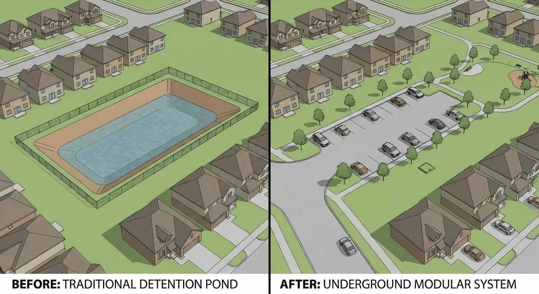 Before-after aerial comparison showing surface detention pond versus underground modular system demonstrating doubled usable surface area