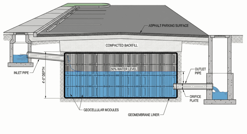 Cross-section of underground detention system with outlet control