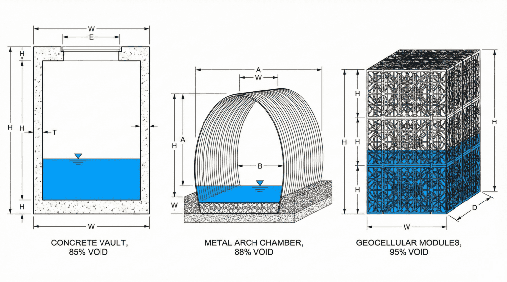 Cross-section comparison of concrete vault metal chamber and modular detention