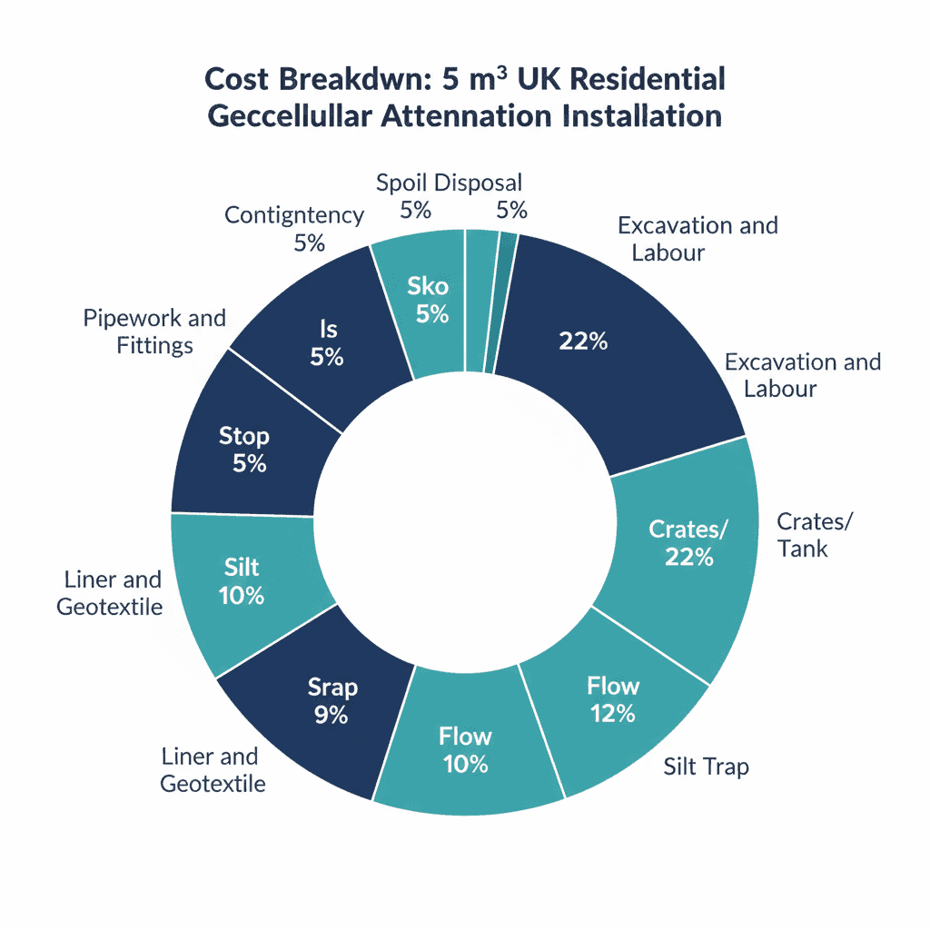 Pie chart showing typical cost breakdown of a UK residential geocellular attenuation tank installation