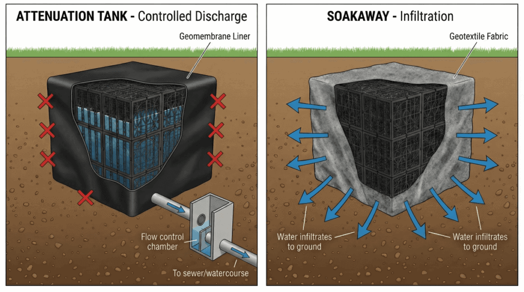 Split comparison showing sealed attenuation tank discharging to sewer versus permeable soakaway infiltrating into ground