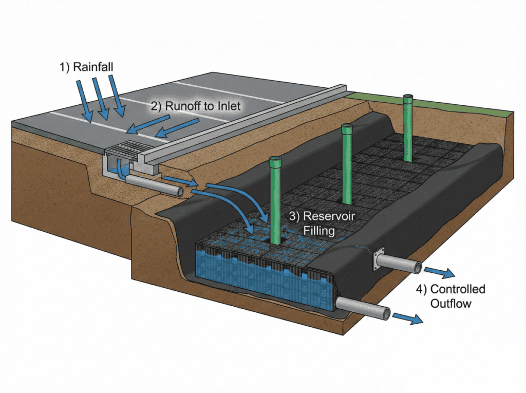 Diagram showing how underground stormwater detention systems capture, store, and release runoff through controlled outlets