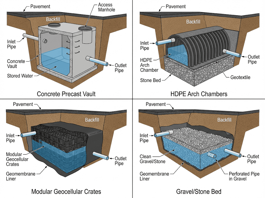 Comparison chart of four underground detention system types: concrete vaults, CMP, HDPE pipe, and modular geocellular crates