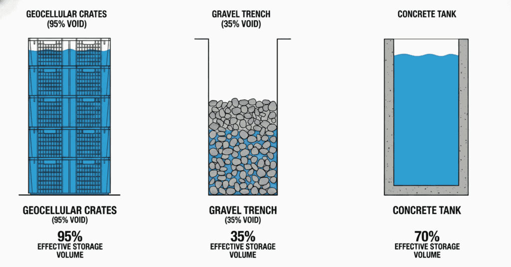 Diagram comparing void ratios of geocellular modules versus gravel and concrete tanks