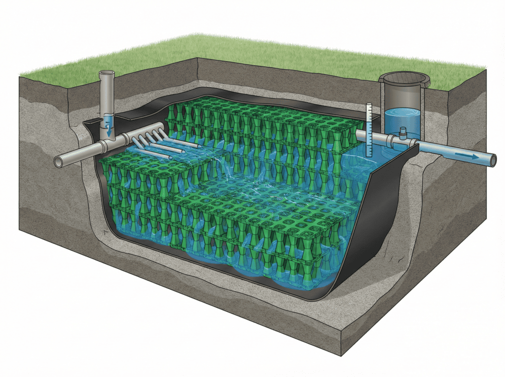 Cutaway diagram showing how an attenuation tank works underground with geocellular modules, water flow arrows, and flow control device