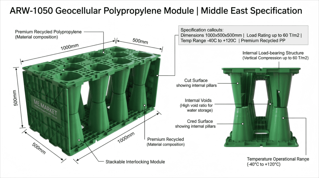 مواصفات الوحدة الخلوية الأرضية ARW-1050: أبعاد 1000 × 500 × 500 مم، معدل حمولة 60 طن/م2، سوق الإمارات العربية المتحدة في الشرق الأوسط