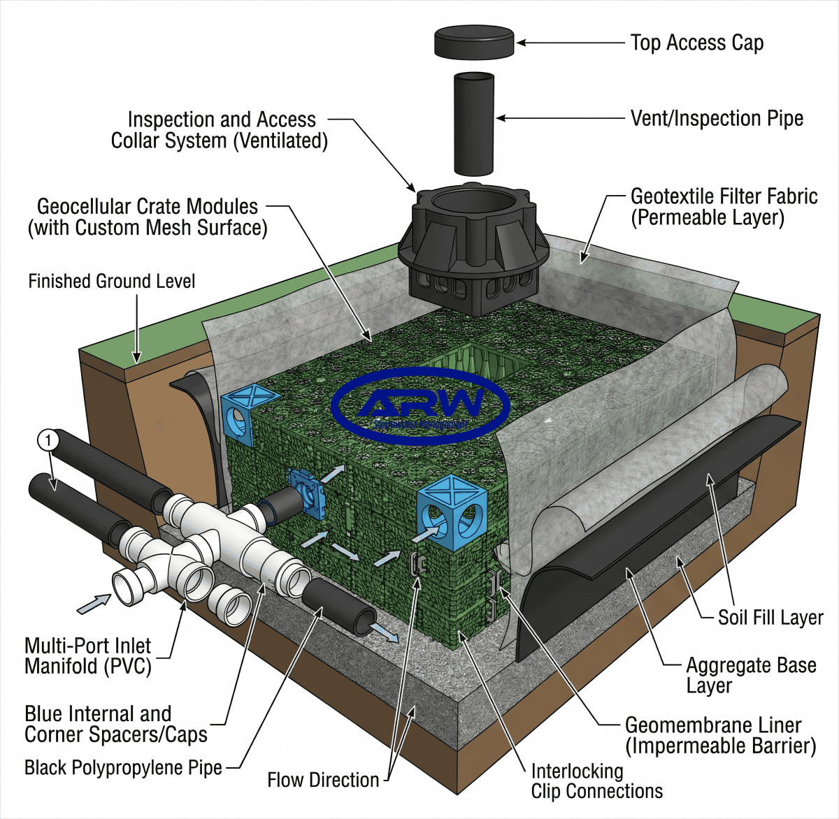 Exploded technical diagram showing geocellular stormwater module assembly with geotextile and geomembrane wrapping layers