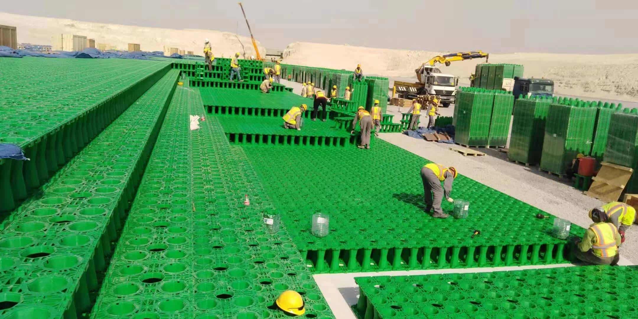 Underground geocellular rainwater harvesting retention system installed at a commercial site in the Middle East for irrigation reuse