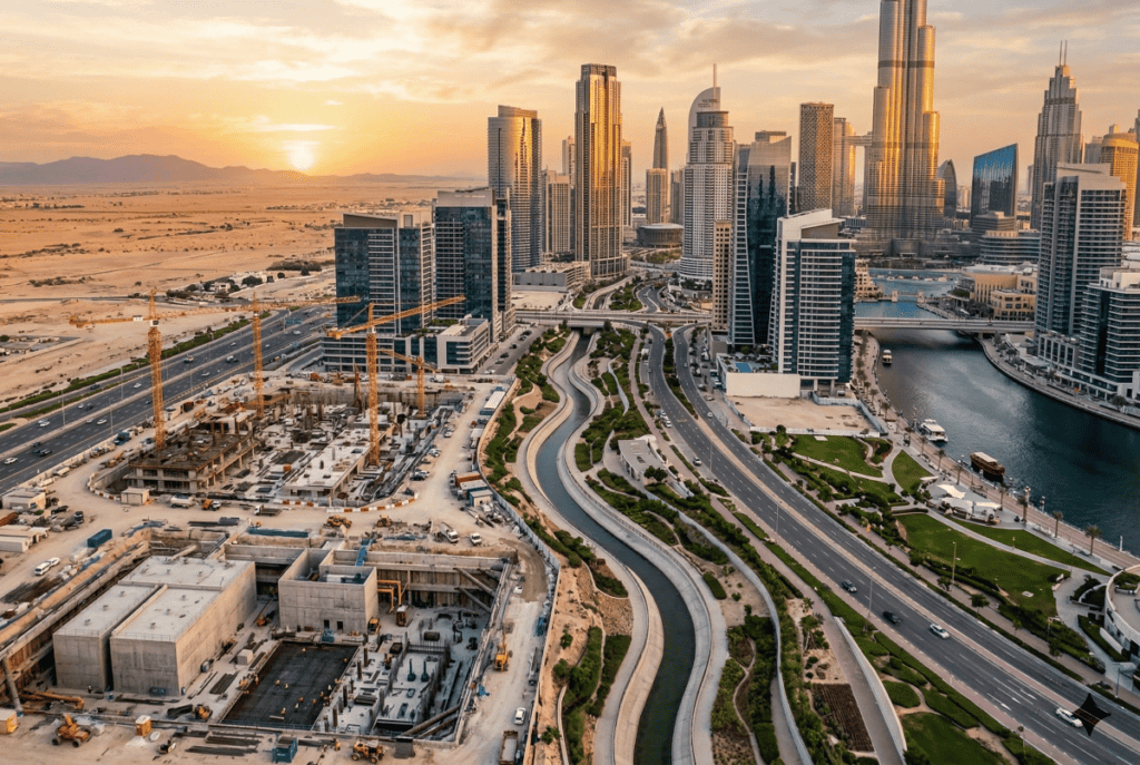 Stormwater management infrastructure across GCC Middle East cities including Dubai and Riyadh skylines