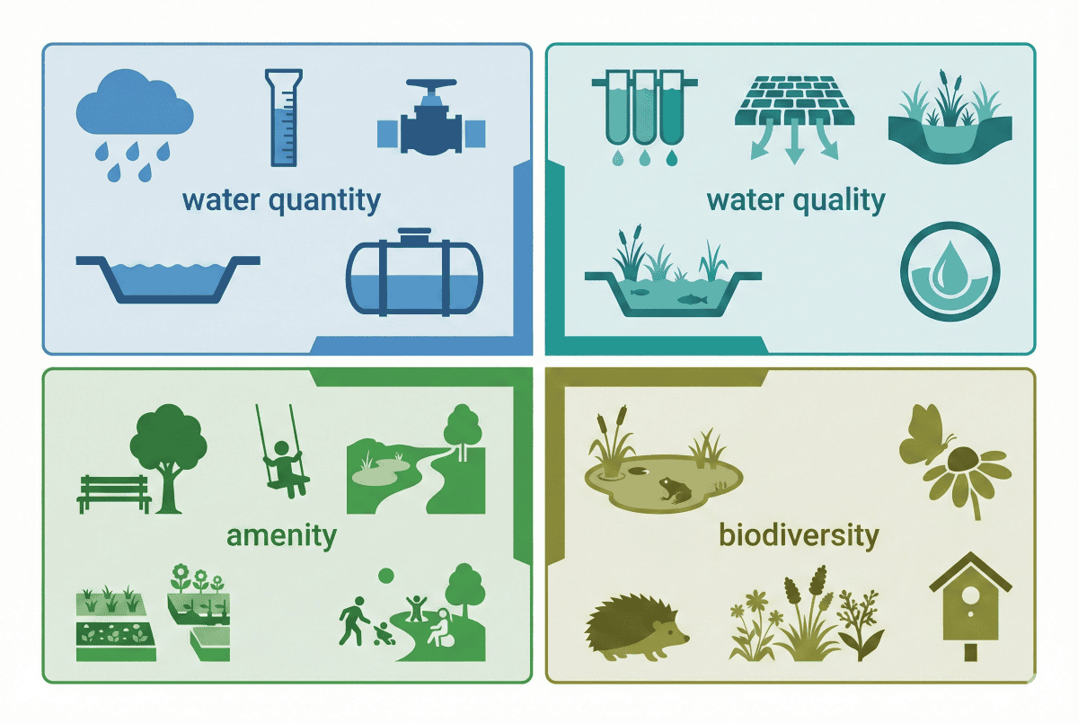 Four pillars of SuDS diagram showing quantity quality amenity and biodiversity