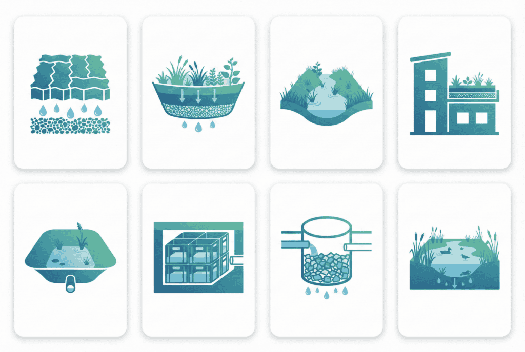 Types of SuDS components infographic with permeable paving swale rain garden and geocellular