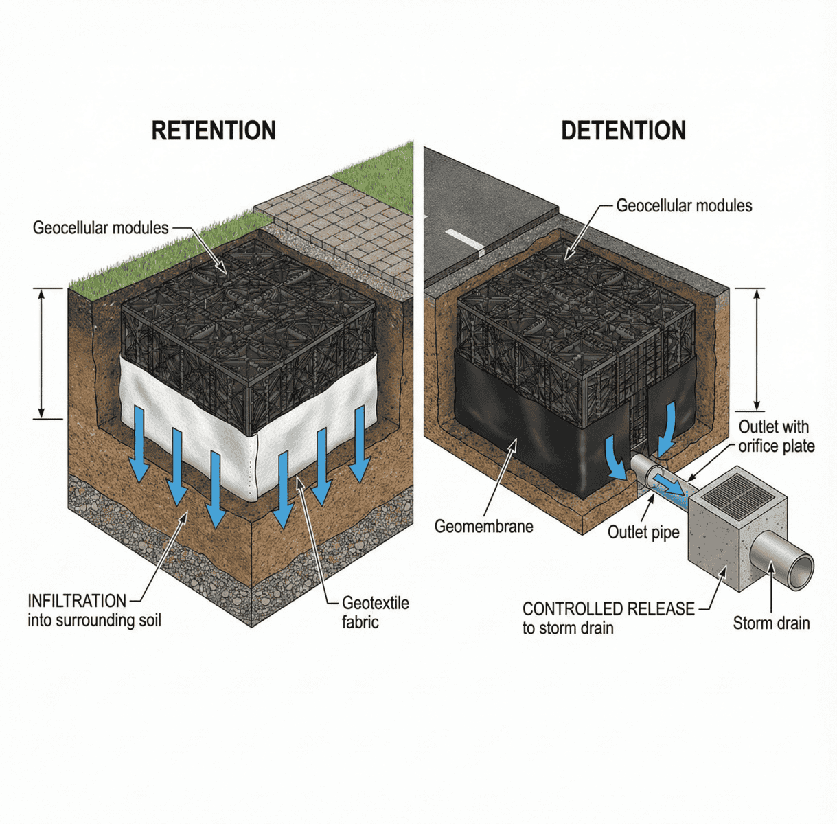 Stormwater retention vs detention water flow diagram showing temporary storage versus permanent pool systems