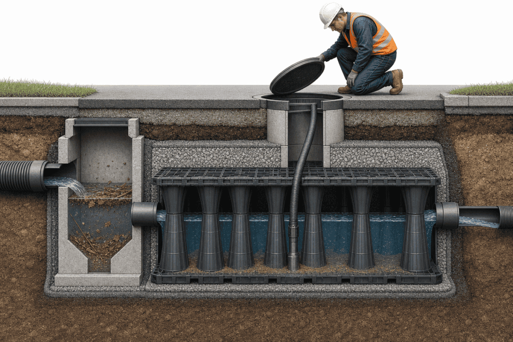 Underground detention system maintenance showing inspection port access, sediment removal, and inlet cleaning