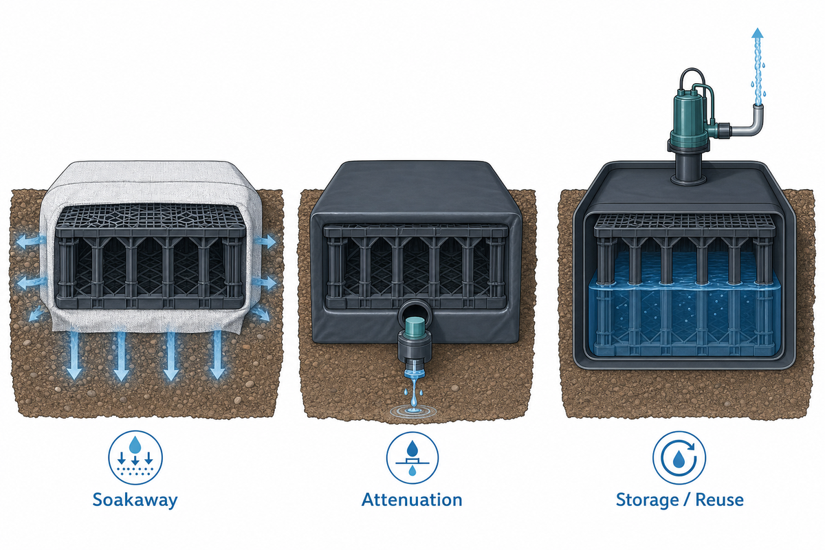 Soakaway vs Attenuation vs Storage, The Membrane-Wrap Rule — AQUA RainWater Solutions