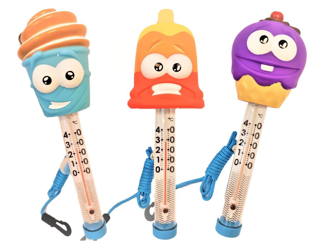 Drie grappige thermometers met cartoon-designs.