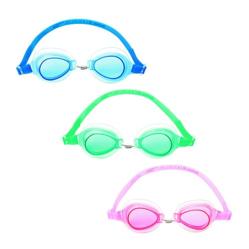 Drie duikbrillen in blauw, groen en roze