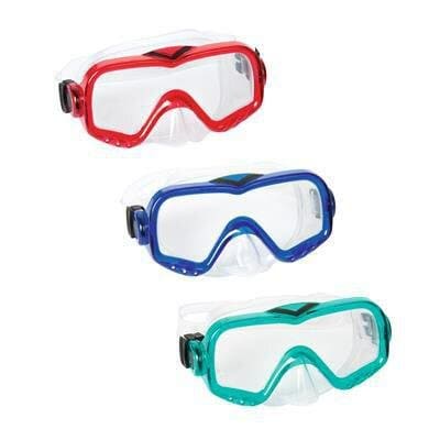 Drie duikmaskers in rood, blauw en groen.