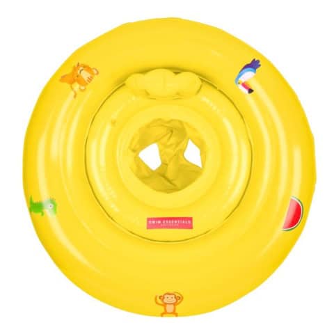 Gele zwemband met dierentekeningen en watermeloenafbeelding.