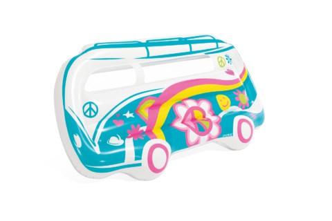 Opblaasbare bus met kleurrijke hippie designs.