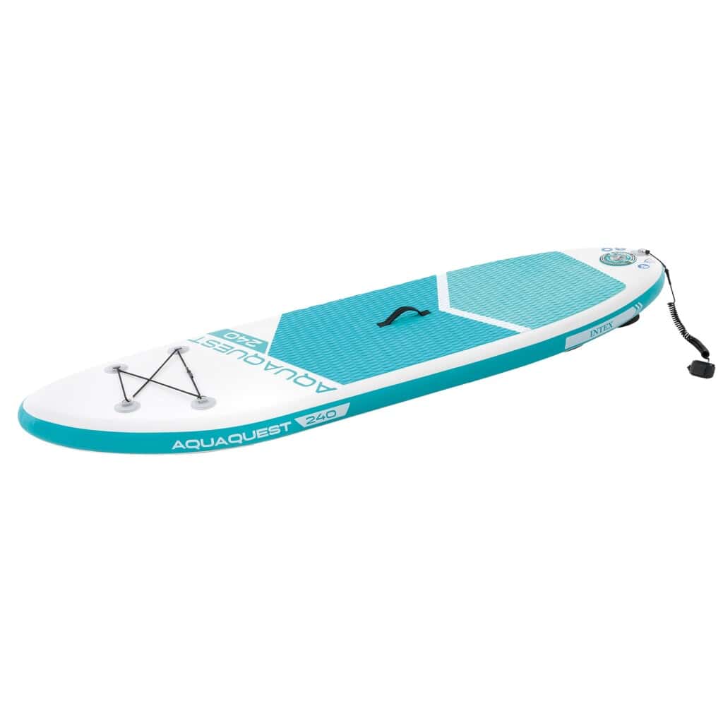 Opblaasbare SUP-board met turquoise antislip oppervlak.