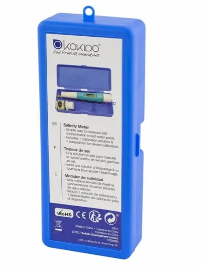 Blauwe saliniteitmeter verpakking met instructiekaart.