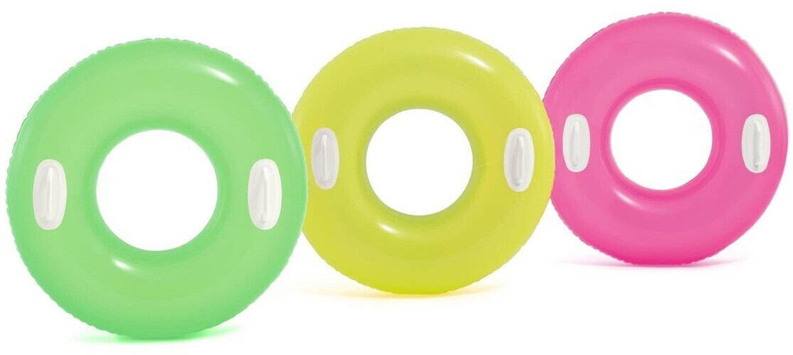 Drie kleurrijke zwemringen: groen, geel en roze.