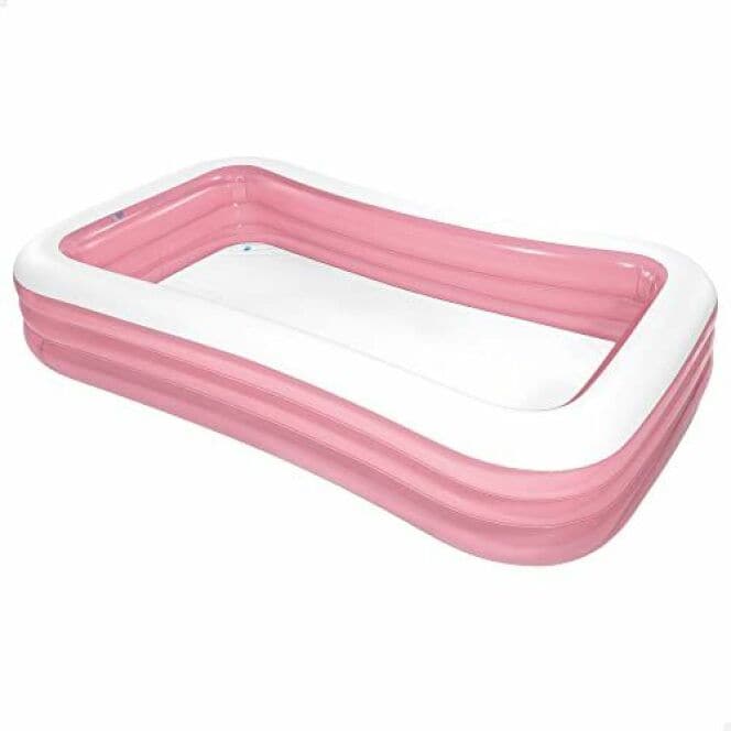 Roze opblaasbaar zwembad, rechthoekige vorm.