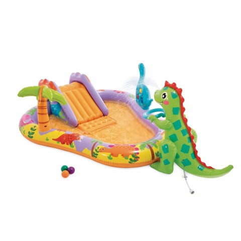 Opblaasbaar kinderzwembad met dinosaurus en glijbaan.