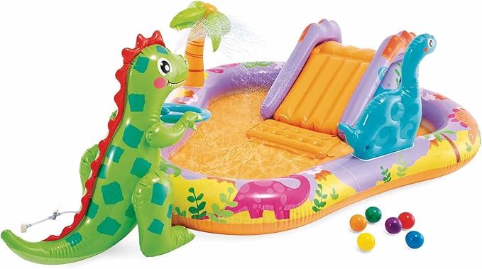 Opblaasbaar dinosaurus speelzwembad met glijbaan en ballen.