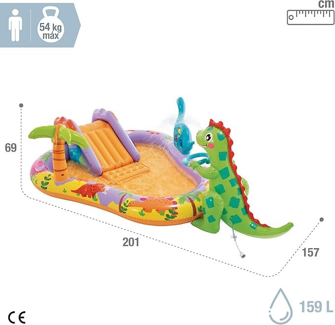 Opblaasbaar dinosaurus zwembad met glijbaan en sproeier.
