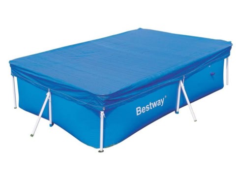 Blauw rechthoekig zwembad met afdekhoes, vierkante poten.