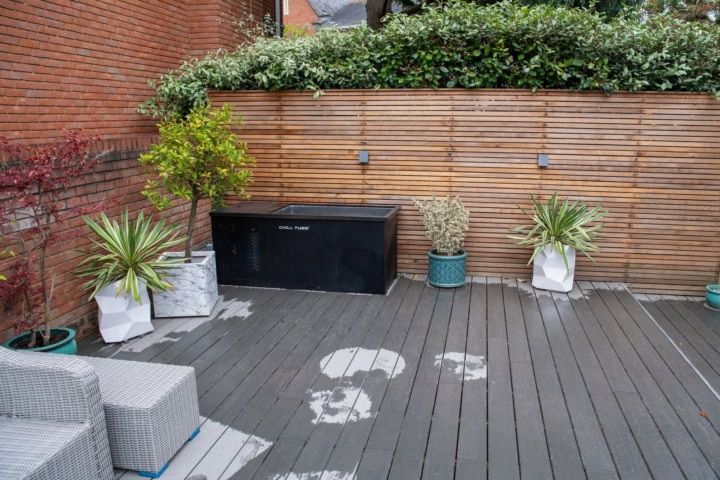 Moderne tuin met planten en houten schutting