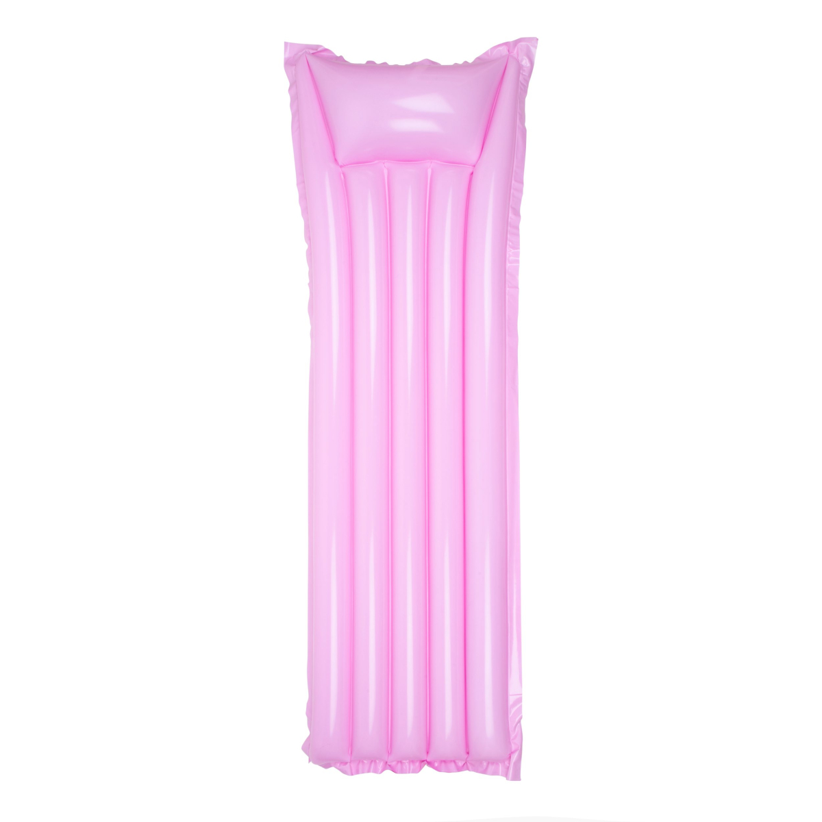 Roze opblaasbaar luchtbed, rechtop staand.