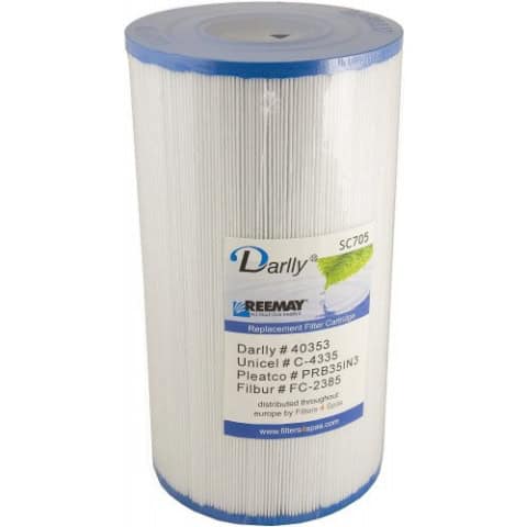 Witte zwembadfiltercartridge met blauwe randen.