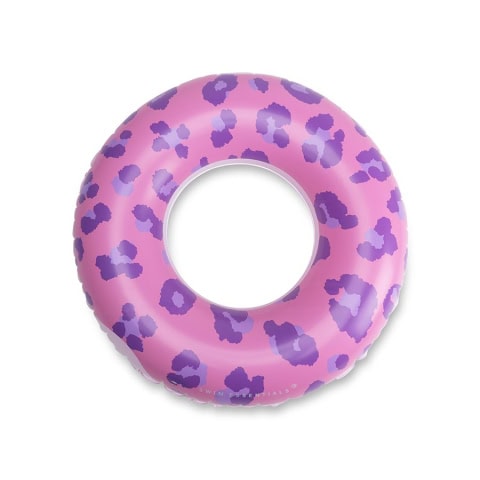 Opblaasbare roze zwemring met paarse vlekken.