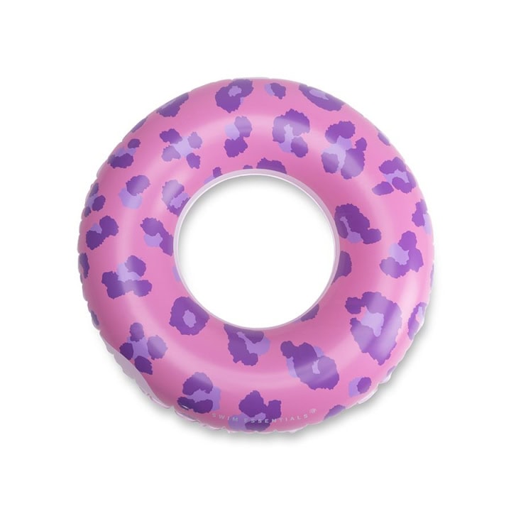 Opblaasbare roze zwemring met paarse vlekken.
