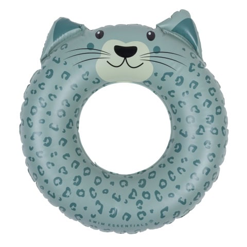 Opblaasbare zwemband met kattengezicht en luipaardprint.