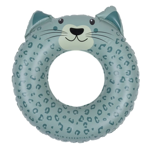 Opblaasbare zwemband met kattengezicht en luipaardprint.