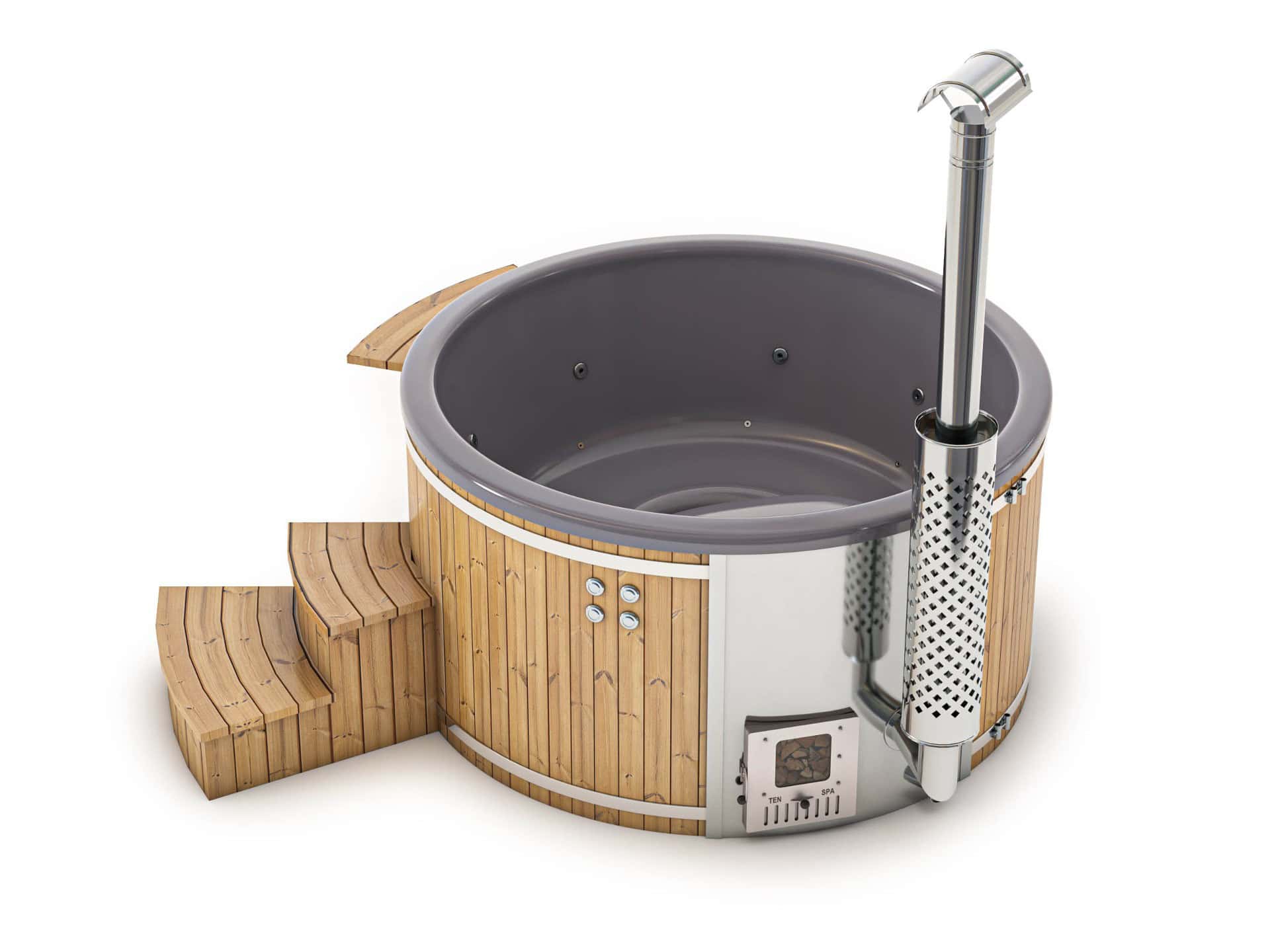 Houten hot tub met metalen schoorsteen.