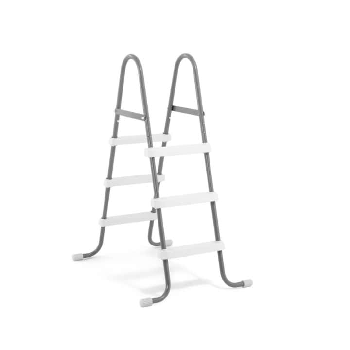 Dubbele trapladder met grijze poten en witte treden.