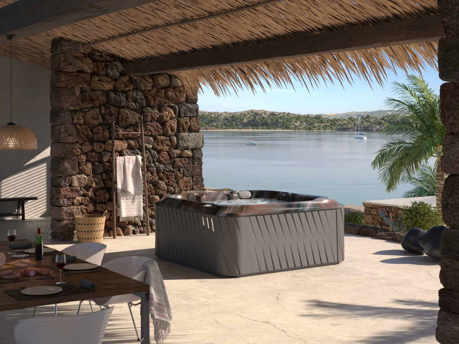 Terras met jacuzzi en uitzicht op meer