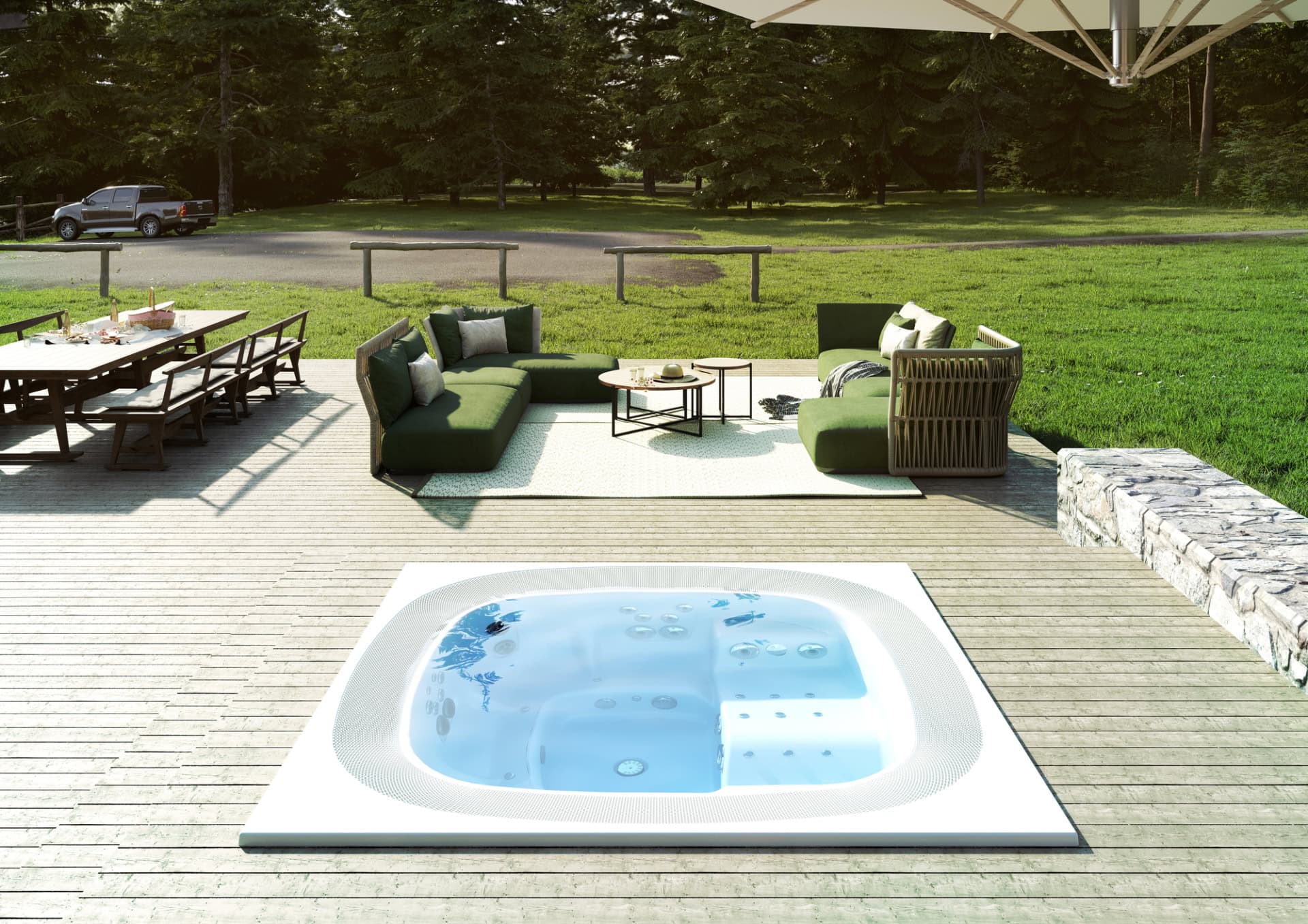 Moderne tuin met jacuzzi en loungeset