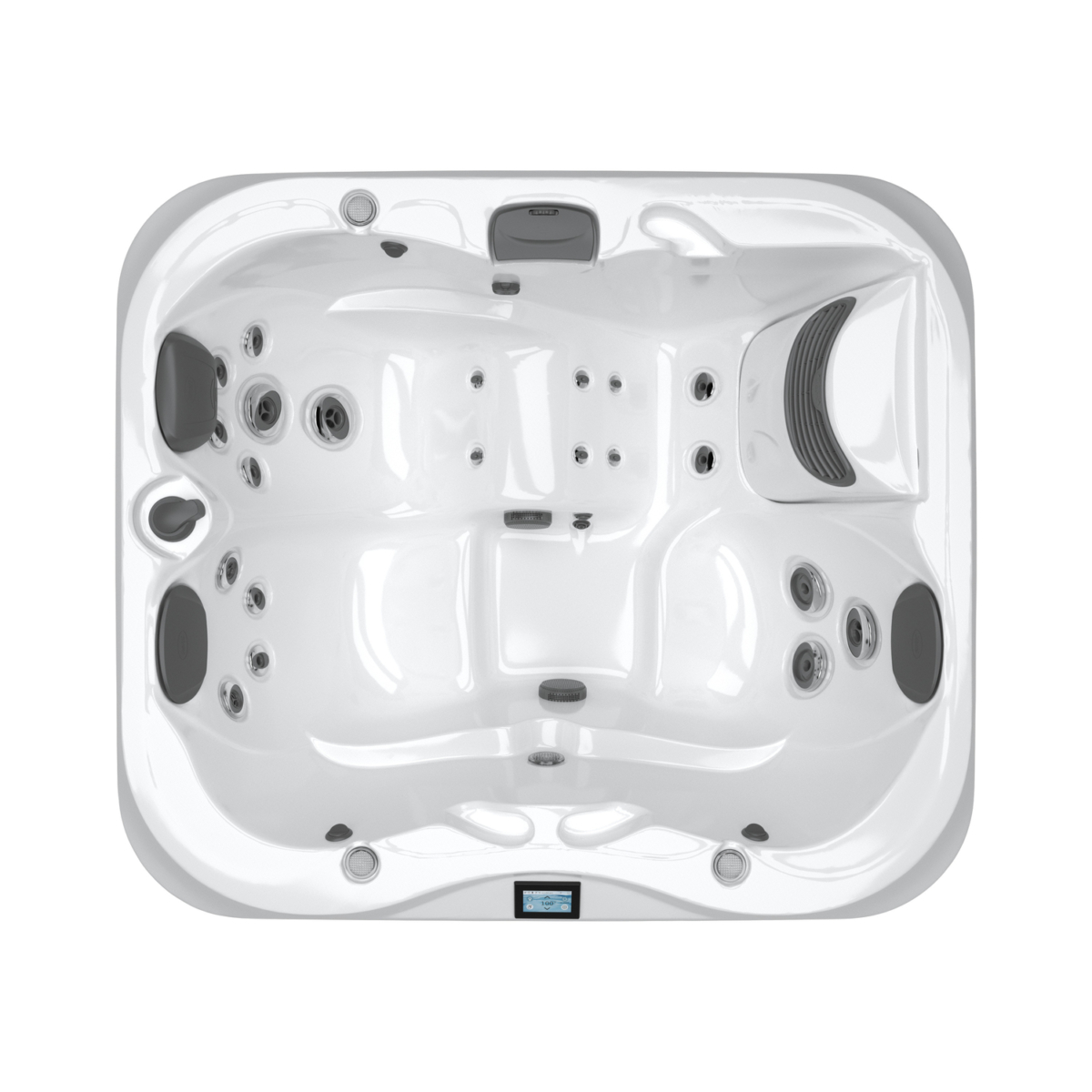 Bovenaanzicht van moderne witte jacuzzi met jets